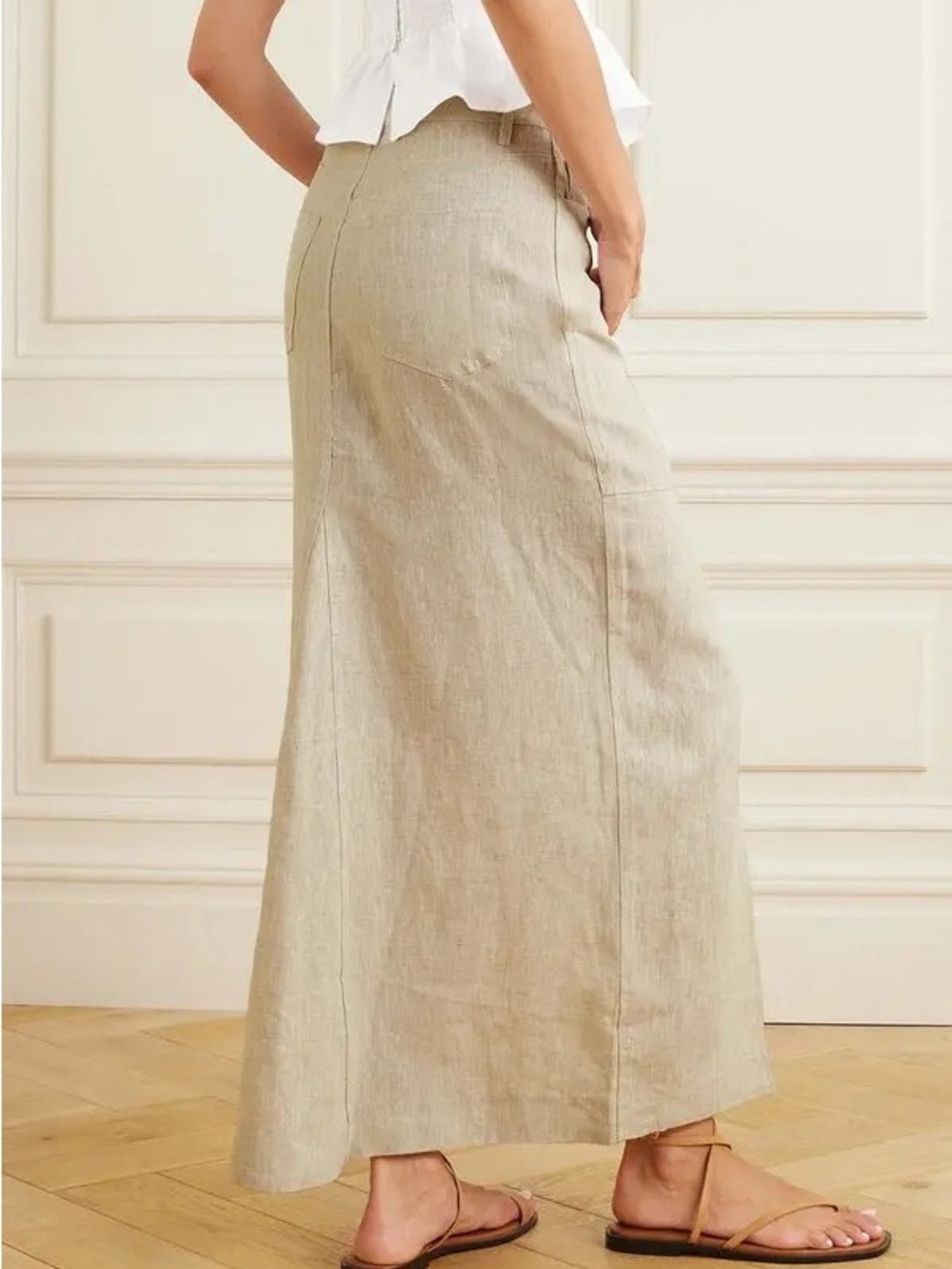 Women's Cream Linen Blend Midi Skirt with Front Slit - Picture 9 of 11